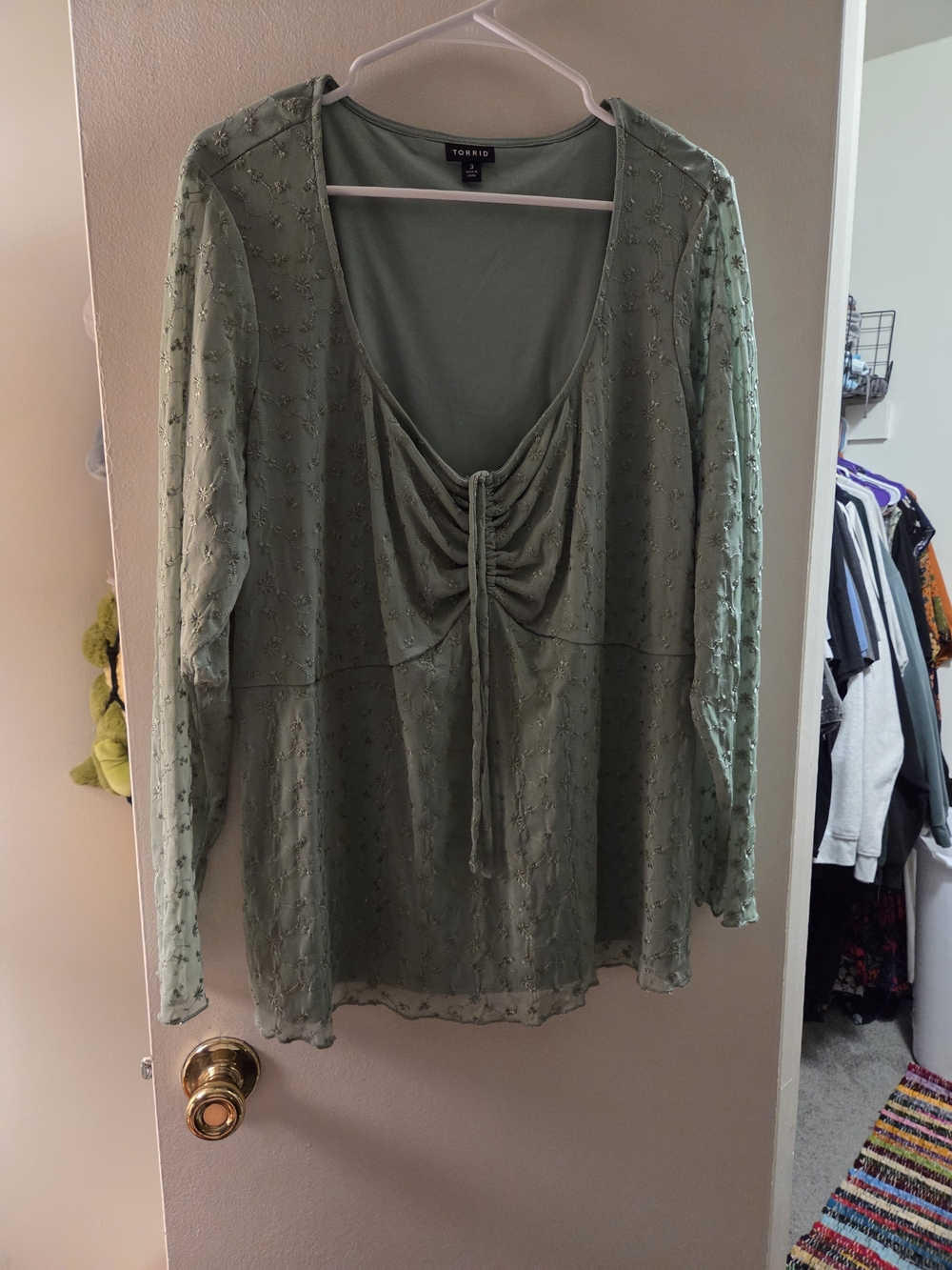 torrid sage green sheer tie-front long sleeve blouse